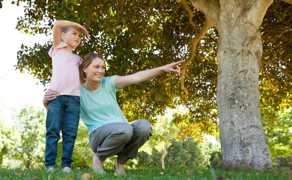 Madre señalando algo además de hija en el parque — Foto de Stock