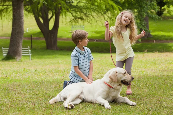 Τα παιδιά με το σκυλί κατοικίδιων ζώων στο πάρκο — Φωτογραφία Αρχείου