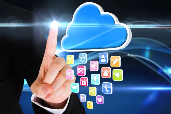 Finger zeigen auf Cloud mit App-Symbolen — Stockfoto