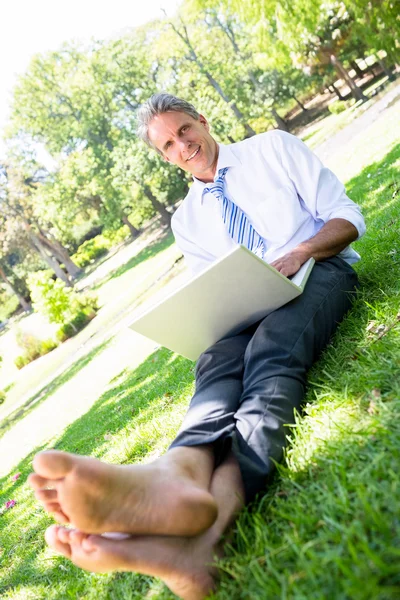Businessman with laptop sitting on parkland — Stock Photo, Image