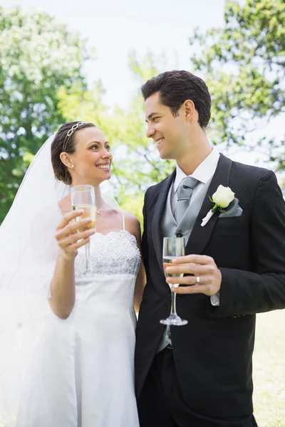 Novia y novio tomando champán en el parque — Foto de Stock