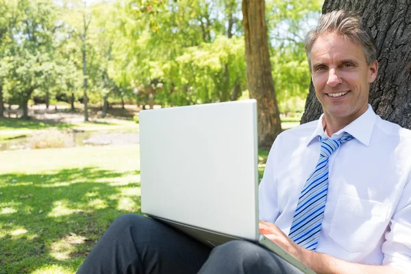 Zakenman met laptop leunend op boomstam — Stockfoto