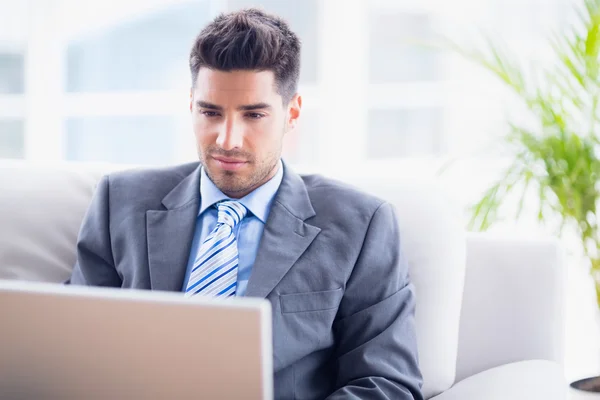 Businessman on couch using his laptop — Stock Photo, Image