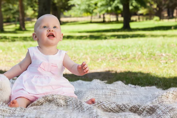 Cute baby sitting on blanket at the park — Stock Photo, Image