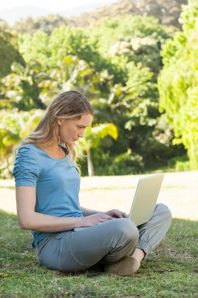 Χαλαρή νεαρή γυναίκα χρησιμοποιώντας φορητό υπολογιστή στο πάρκο — Φωτογραφία Αρχείου