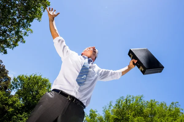 Geschäftsmann trägt Aktentasche gegen den Himmel — Stockfoto