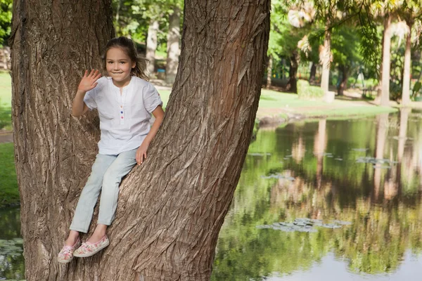 Chica sentada en el árbol en el parque — Foto de Stock