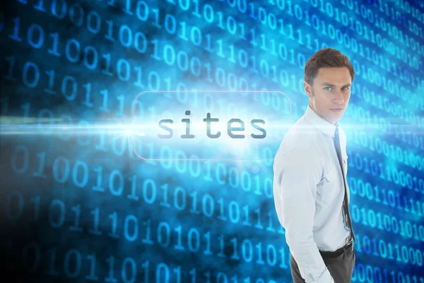 Sites against shiny blue binary code on black background — Stock Photo, Image