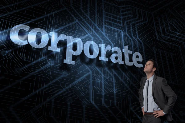 Corporate against futuristic black and blue background — Stock Photo, Image