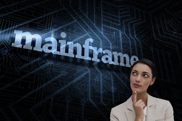 Word mainframe and smiling businesswoman — Stock Photo, Image
