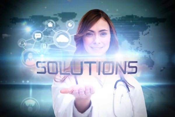 Word solutions and portrait of female nurse — Stock Photo, Image