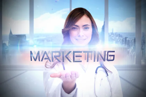 Word marketing e ritratto di infermiera donna — Foto Stock