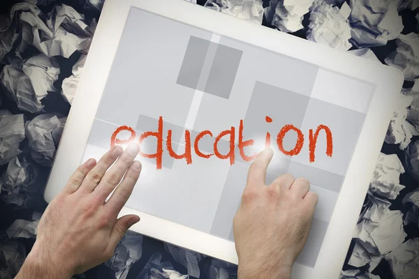 Hand touching education on search bar on tablet screen — Stock Photo, Image