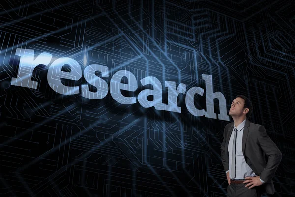 Research against futuristic black and blue background — Stock Photo, Image