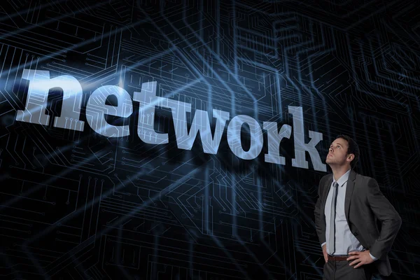 Network against futuristic black and blue background — Stock Photo, Image