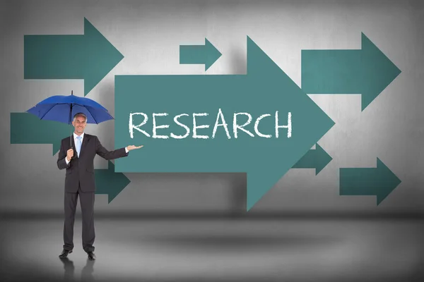 Research - against blue arrows pointing — Stock Photo, Image