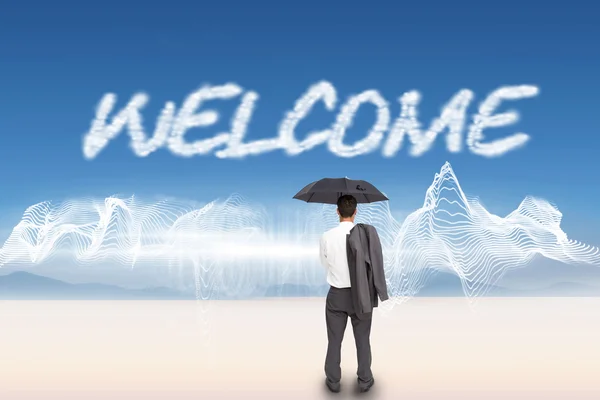 Sign - welcome and businessman — Stock Photo, Image