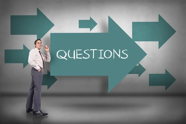 Questions - against blue arrows pointing — Stock Photo, Image