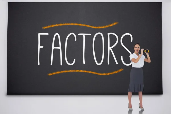 Shocked businesswoman with binoculars against the word factors — Stock Photo, Image