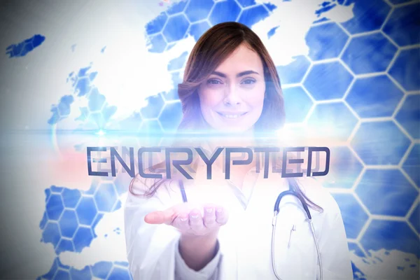 Ordet krypterad och porträtt av kvinnlig sjuksköterska — Stockfoto