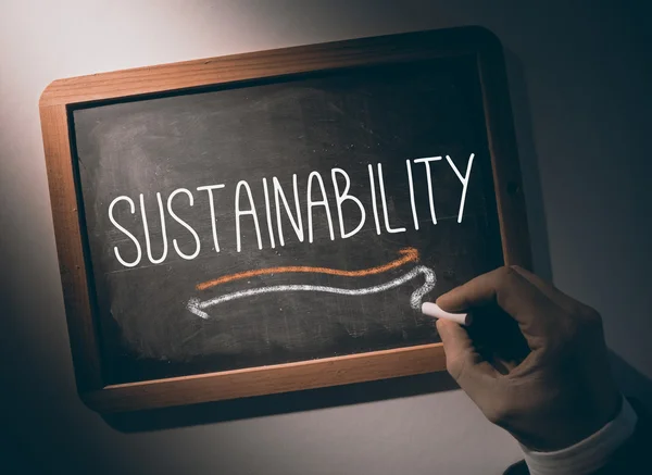 Hand skriva hållbarhet på svarta tavlan — Stockfoto