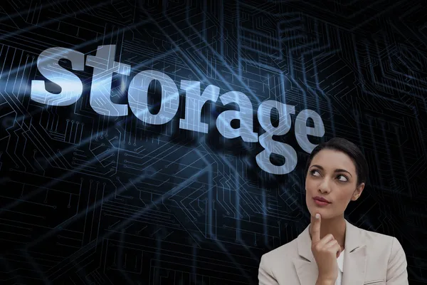 Word storage and smiling businesswoman — Stock Photo, Image