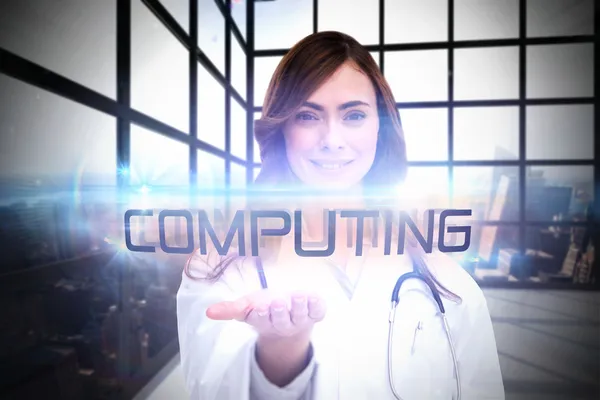 Woord computing en portret van vrouwelijke verpleegster — Stockfoto