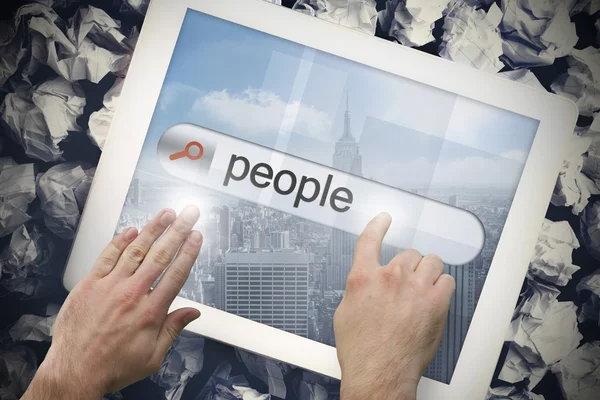 Hand touching people on search bar on tablet screen — Stock Photo, Image