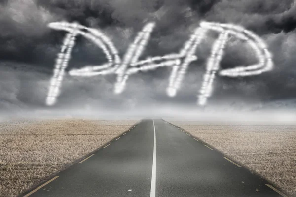 The word PHP against road leading out to the horizon — Stock Photo, Image