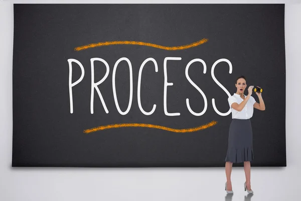 Shocked businesswoman with binoculars against the word process — Stock Photo, Image