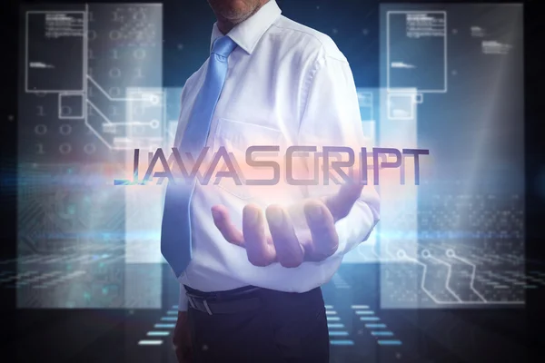 Επιχειρηματίας, παρουσιάζοντας τη λέξη javascript — Φωτογραφία Αρχείου