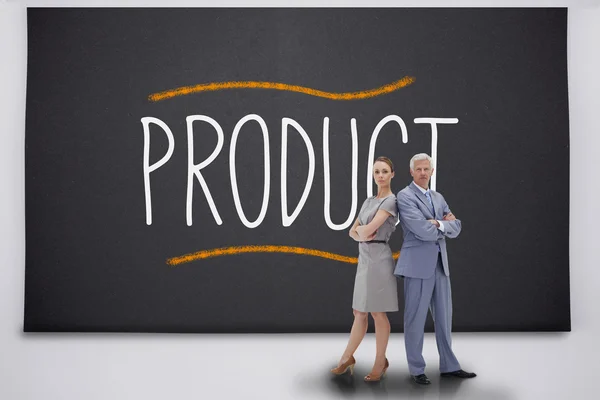 Business people standing against the word product — Stock Photo, Image