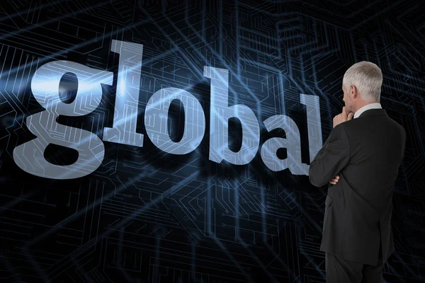 Palavra global e pensativo homem de negócios — Fotografia de Stock