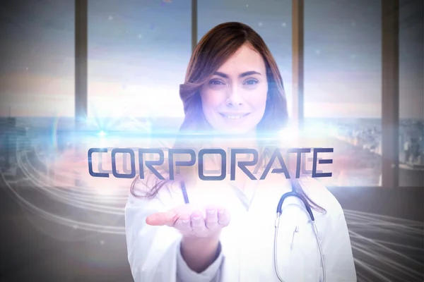 Ordet corporate och porträtt av kvinnlig sjuksköterska — Stockfoto