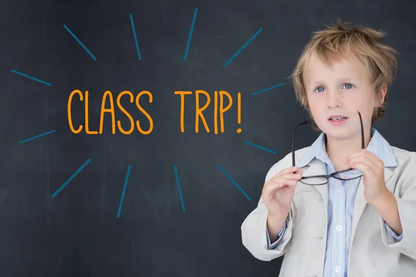 Class trip! against schoolboy and blackboard — Stock Photo, Image