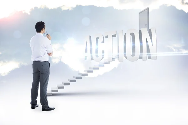 Action against white steps leading to closed door — Stock Photo, Image