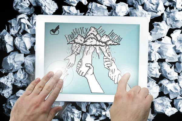 Composite image of hands touching tablet — Stock Photo, Image