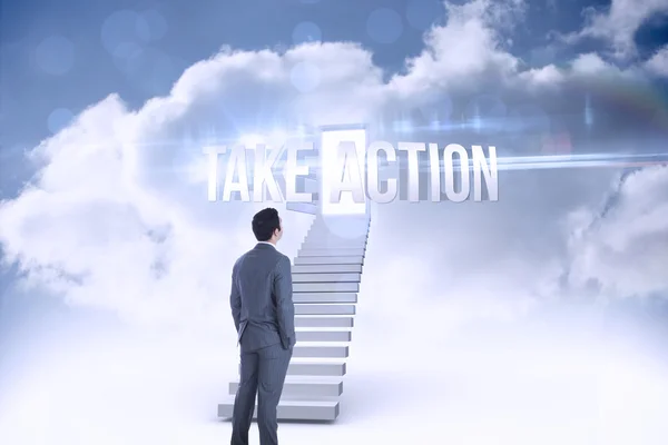 Take action against open door at top of stairs in the sky — Stock Photo, Image