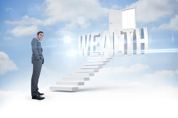 Wealth against steps leading to open door in the sky — Stock Photo, Image