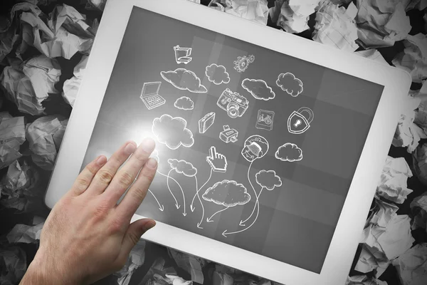 Composite image of hand touching tablet — Stock Photo, Image