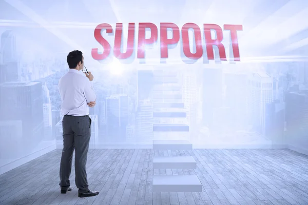 Support against city scene in a room — Stock Photo, Image