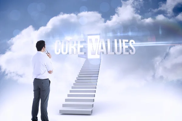 Core values against open door at top of stairs in the sky — Stock Photo, Image