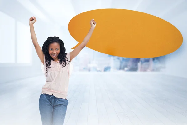 Happy woman with speech bubble — Stock Photo, Image