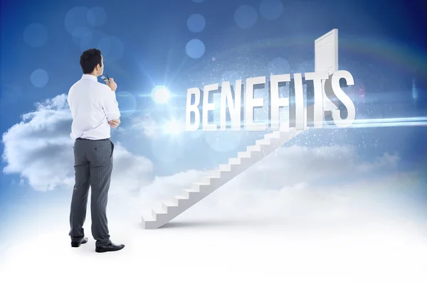 Benefits against steps leading to closed door in the sky — Stock Photo, Image