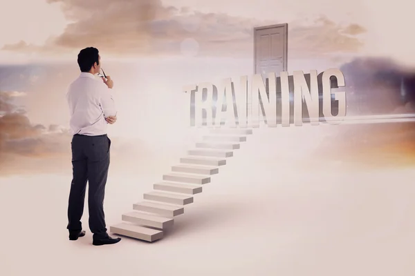 Training against white steps leading to closed door — Stock Photo, Image
