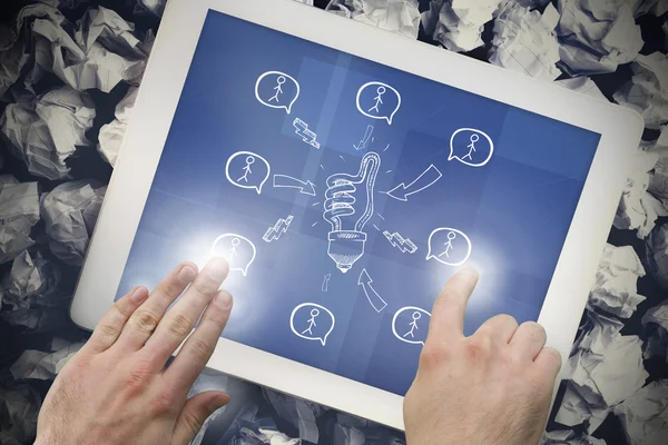 Composite image of hand touching tablet — Stock Photo, Image