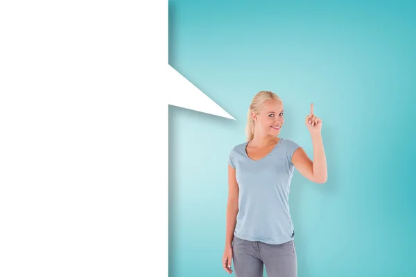 Woman pointing with speech bubble — Stock Photo, Image