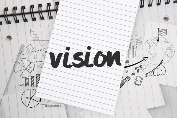 Vision mot brainstorm doodles på anteckningsblock papper — Stockfoto