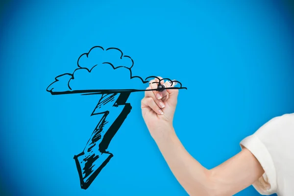 Businesswoman drawing cloud with lightning — Stock Photo, Image