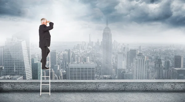 Mature businessman standing on ladder — Stock Photo, Image